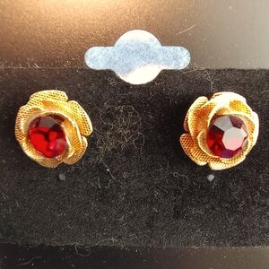 Gold tone Earrings Red Glass Gem, Floral , Post style